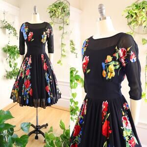 TOP SHOP 1950s Vintage Style Floral Appliqué Dress Modern Black Fit Flare Party